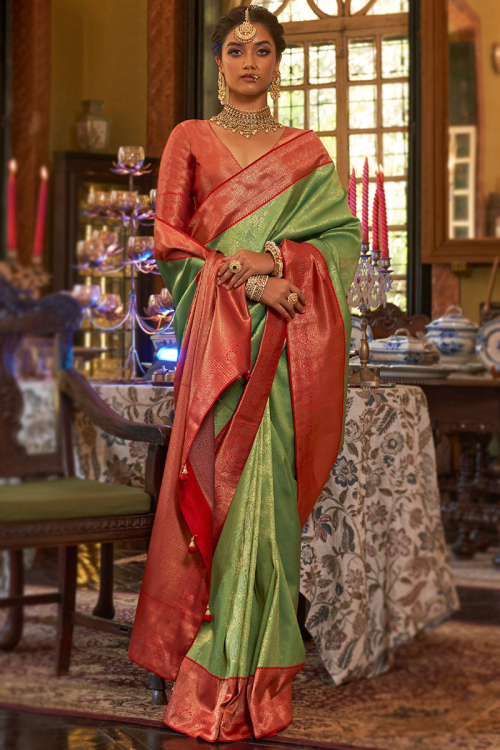 Pistachio Green Banarasi Silk Saree