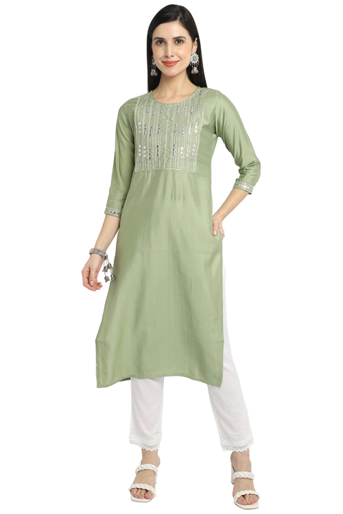 Pistachio Green Chanderi Embroidered Kurti