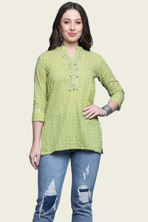 Pistachio Green Cotton Kurti with Printed Work for New Year