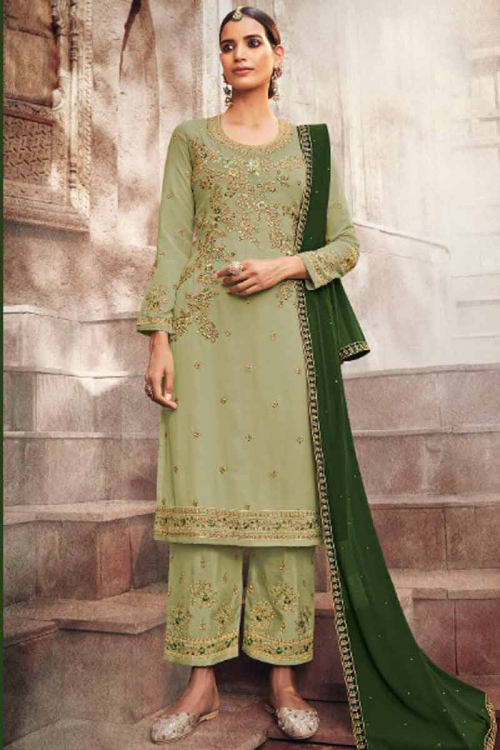Pistachio Green Georgette Straight Cut Party Wear Trouser Suit