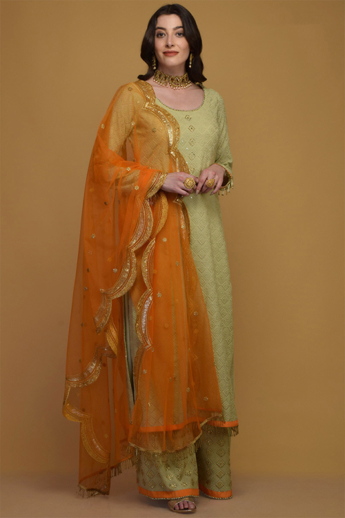 Pistachio Green Georgette Thread Embroidered Designer Trouser Salwar Suit for Party