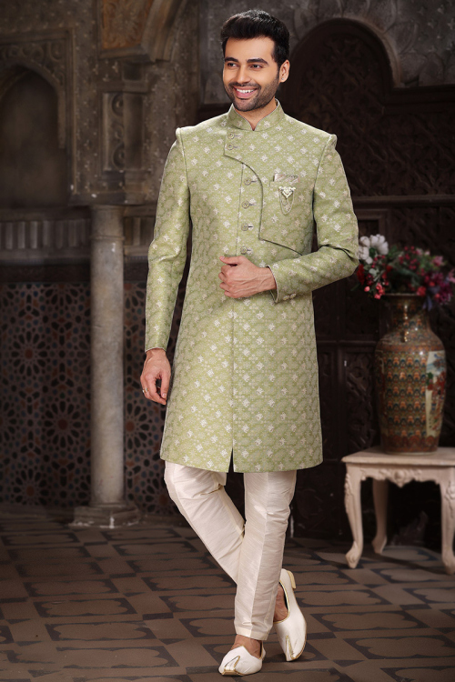Pistachio Green Jacquard Woven Zari Indo-Western Men's Sherwani 
