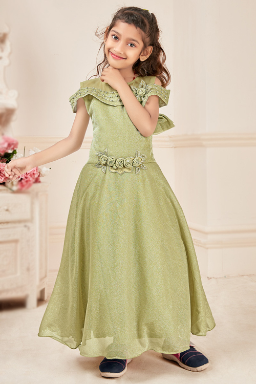 Pistachio Green Lycra Patch Embellished Girls' Gown 