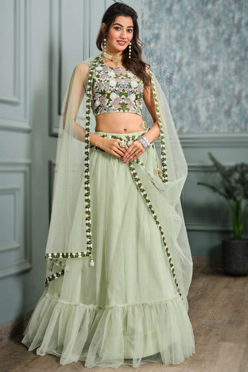 Pistachio Green Net Embroidered Flared Style Lehenga