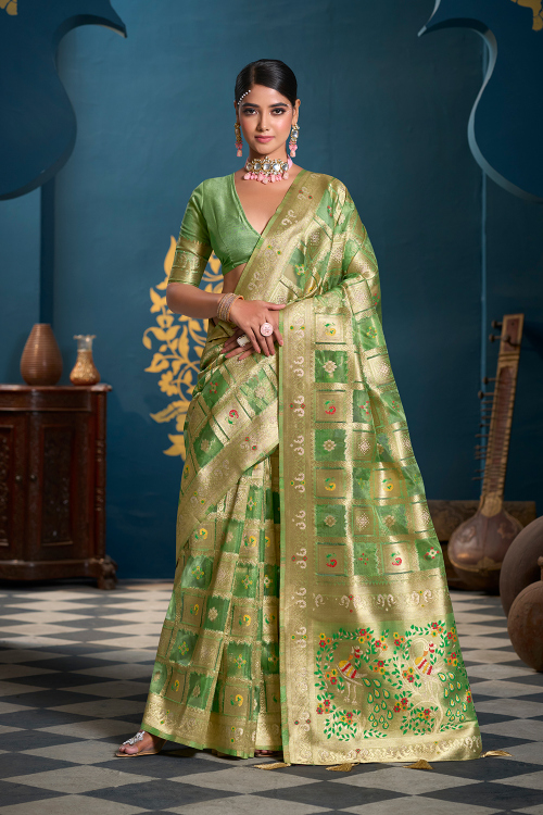 Pistachio Green Organza Saree with Embroidery and Light Weight