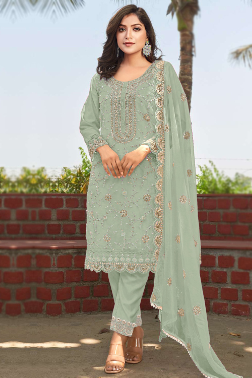 Pistachio Green Organza Trouser Suit With Sequins Work For Mehndi