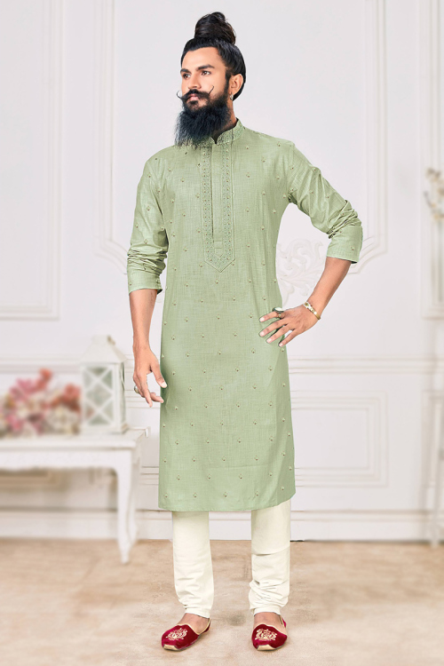 Pistachio Green Poly Cotton Embroidered Men's Kurta Churidar