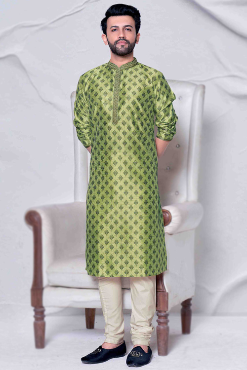 Pistachio Green Poly Cotton Weaved Thread Men's Kurta With Churidar