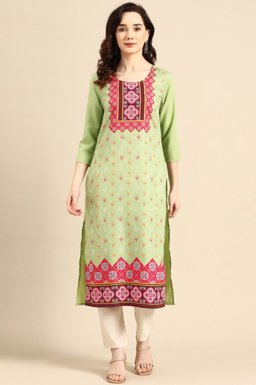 Pistachio Green Straight Cut Poly Crepe Kurti for Casual Wear