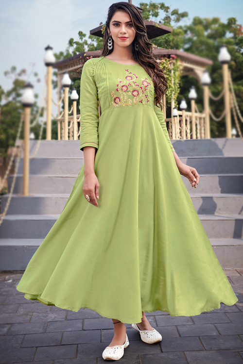 Rayon Kurti in Pistachio Green colour with Thread Work for Party 