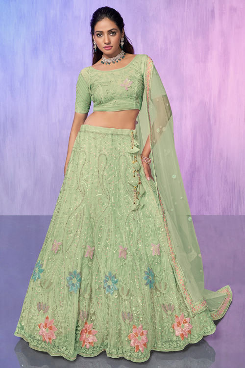 Pistachio Green Sequins Embroidered Lehenga For Mehndi 