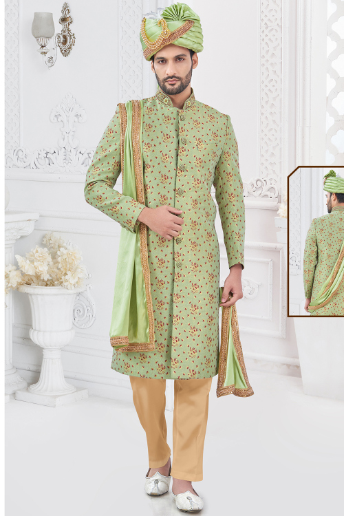 Pistachio Green Silk Blend Weaved Jacket Style Men&#039;s Sherwani
