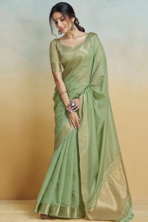 Pistachio Green Silk Light Weight Woven Zari Saree