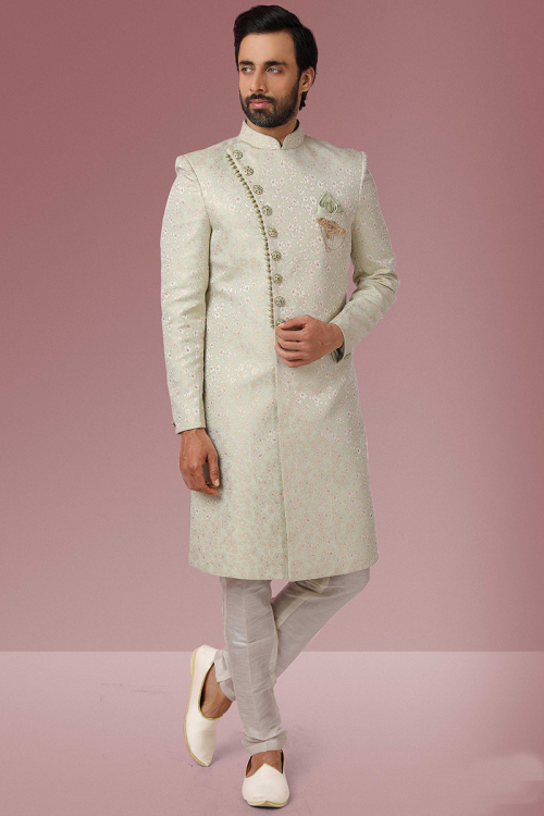 Pistachio Green Silk Printed Men Sherwani