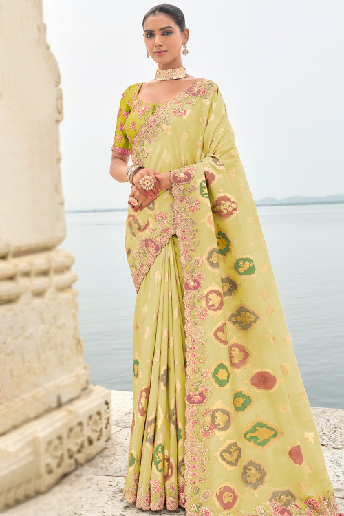 Pistachio Green Silk Saree with Zari Work for Diwali