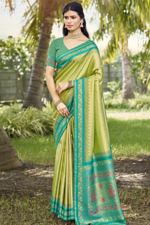 Light Weight Pistachio Green Silk Saree with Woven Zari Border