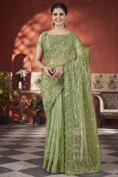 Pistachio Green Tissue Embroidered Light Weight Saree 