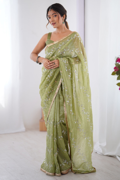 Pistachio Green Tissue Saree With Sequins Work For Mehndi