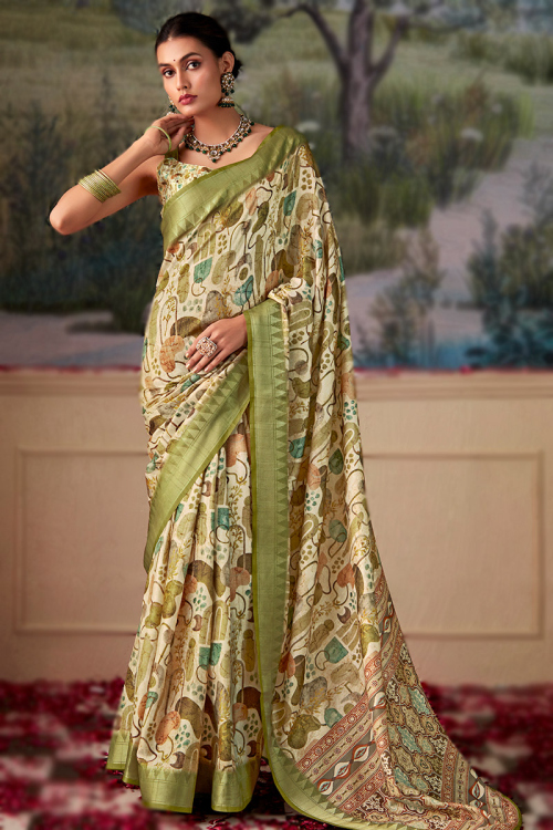 Pistachio Green Tussar Silk Printed Woven Zari Saree