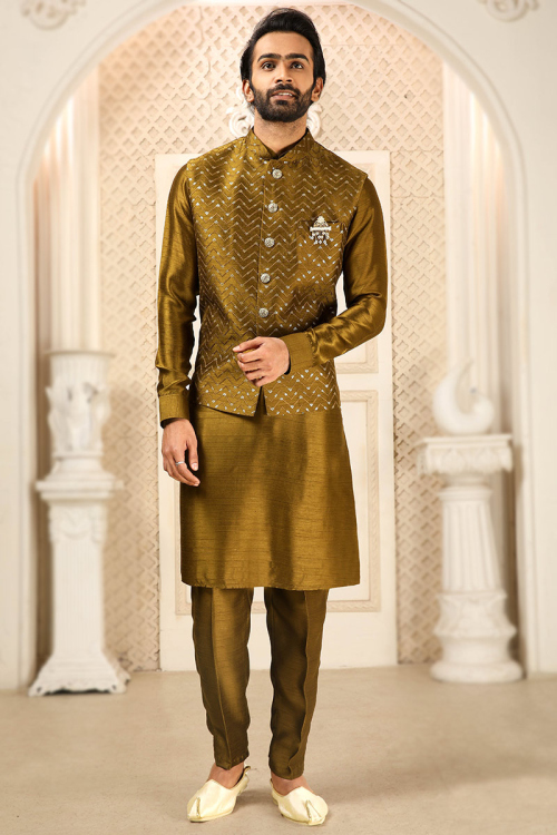 Plain Art Silk Gold Men Kurta Pajama With Jacket
