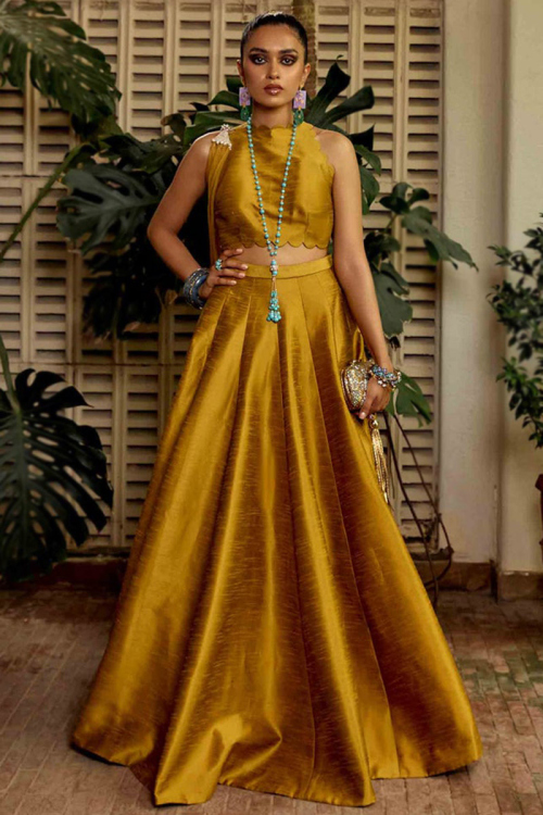 Plain Art Silk Mustard Yellow Lehenga for Wedding & Party