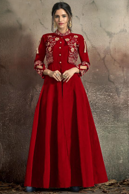 Embroidered Art Silk Red Anarkali Party Wear Salwar Kameez