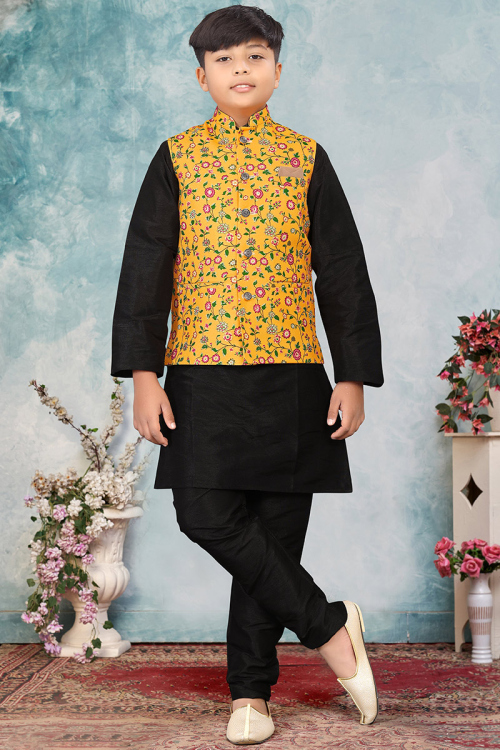 Black Dupion Silk Boy's Kurta Pajama With Yellow Waistcoat