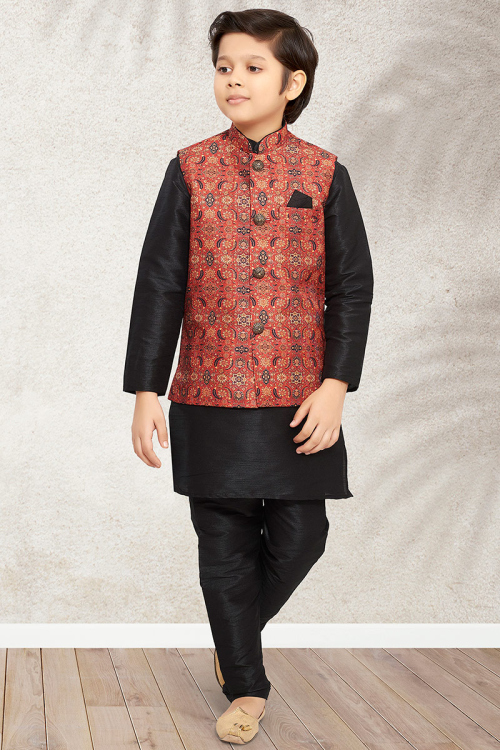 Black Dupion Silk Boy's Kurta Pajama With Brunt Orange Waistcoat