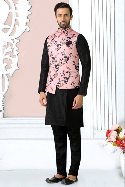 Plain Black Men Kurta Pajama With Printed Jacket
