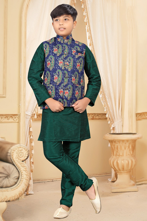 Plain Bottle Green Dupion Silk Jacket Style Boy's Kurta Pajama 