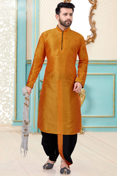 Plain Carrot Orange Dupion Silk Men Kurta Pajama