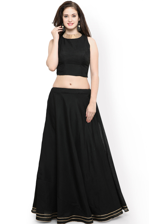 Plain Chanderi Cotton Black Lehenga