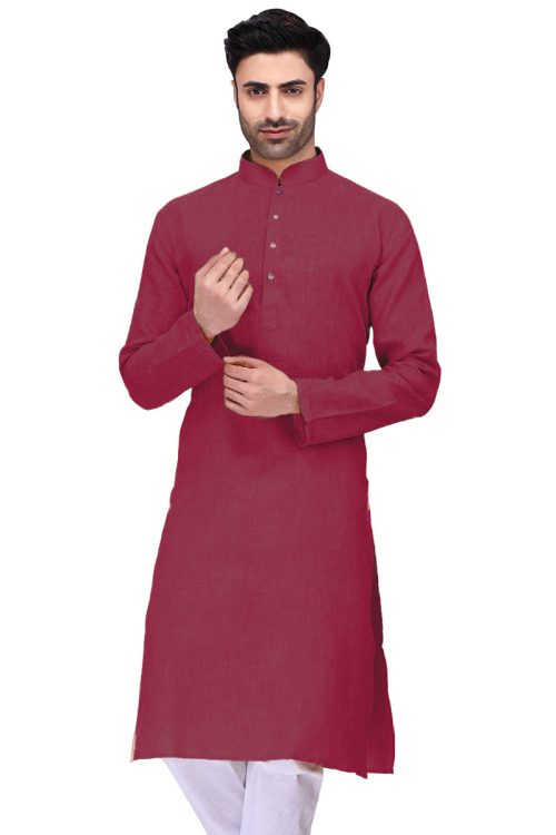 Plain Cotton Light Maroon Men Kurta