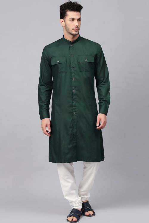 Plain Cotton Dark Green Men Kurta Pajama
