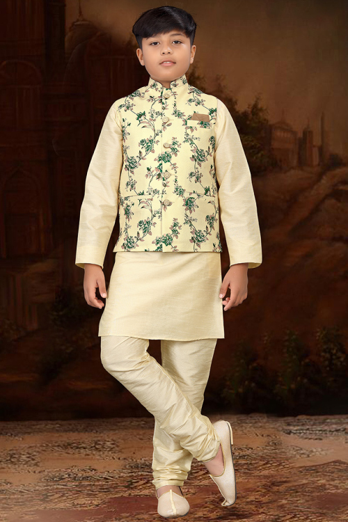 Plain Cream Beige Dupion Silk Jacket Style Boy's Kurta Churidar 