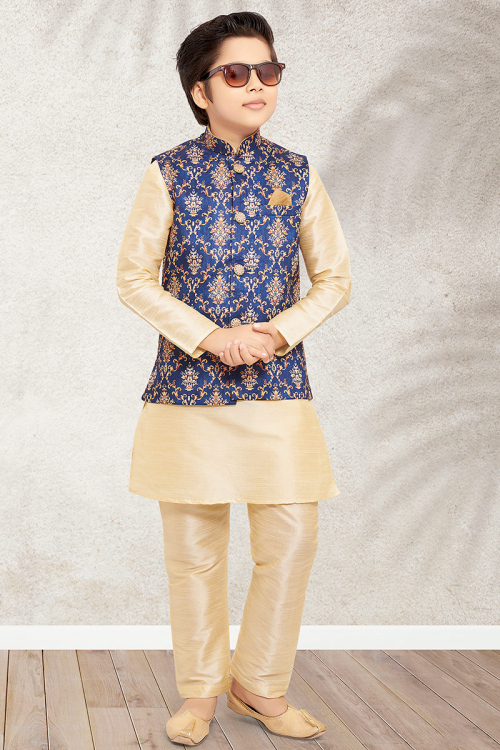 Cream Beige Dupion Silk Boy's Kurta Pajama With Navy Blue Waistcoat