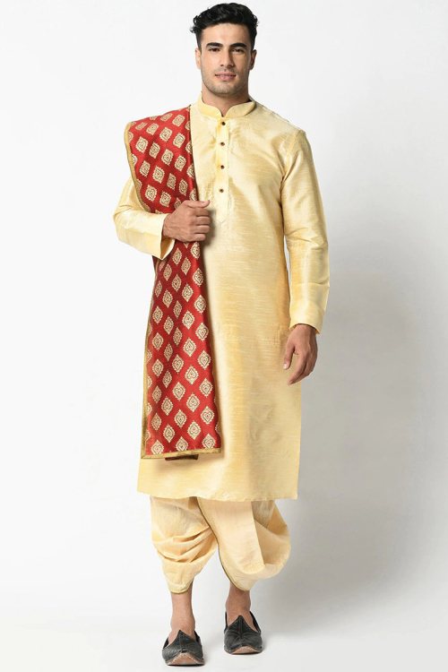 Plain Cream Dupion Silk Men Dhoti Kurta With Red Printed Dupatta