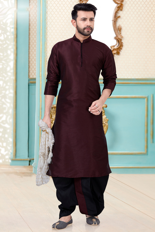 Plain Dark Wine Maroon Dupion Silk Men Kurta Pajama