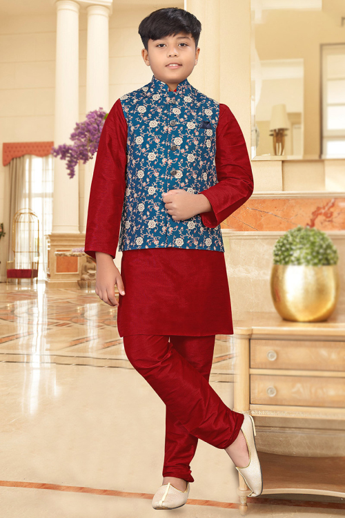 Plain Deep Red Dupion Silk Jacket Style Boy's Kurta Pajama 