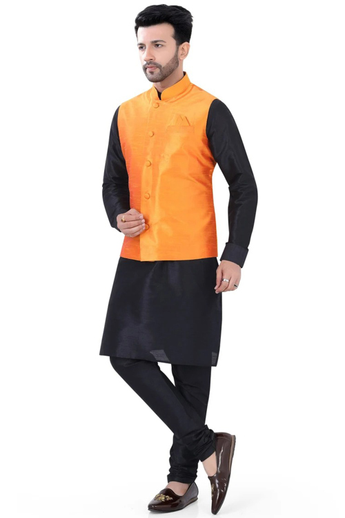 Plain Dupion Silk Black Kurta Pajama With Orange Waistcoat