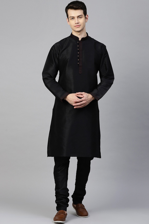 Plain Dupion Silk Black Men Kurta Pajama
