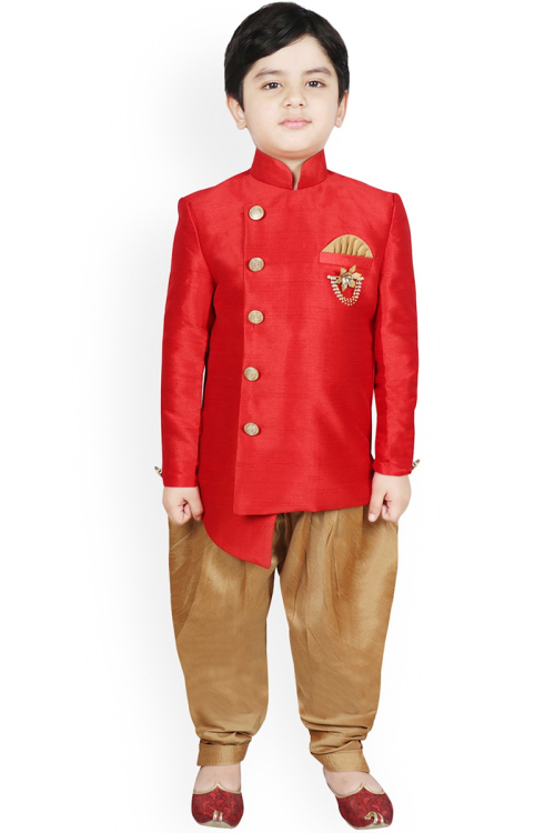 Plain Dupion Silk chilly Red Kids Sherwani