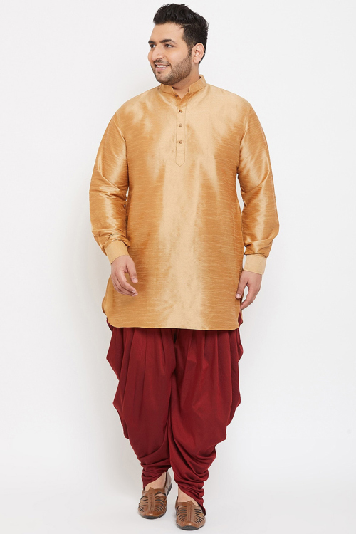 Plain Dupion Silk Cream Beige Men's Kurta Dhoti
