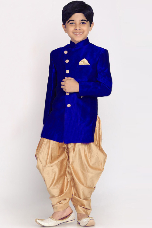 Plain Dupion Silk Dark Blue Men Sherwani