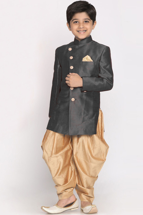 Plain Dupion Silk Dark Grey Boys' Sherwani