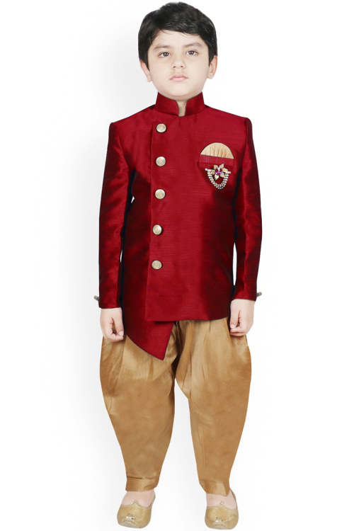 Traditional Men Sherwani in Dupion Silk Deep Red for Wedding 