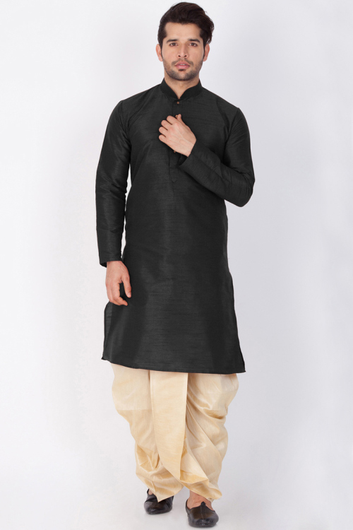 Plain Dupion Silk Kurta Dhoti In Black Color