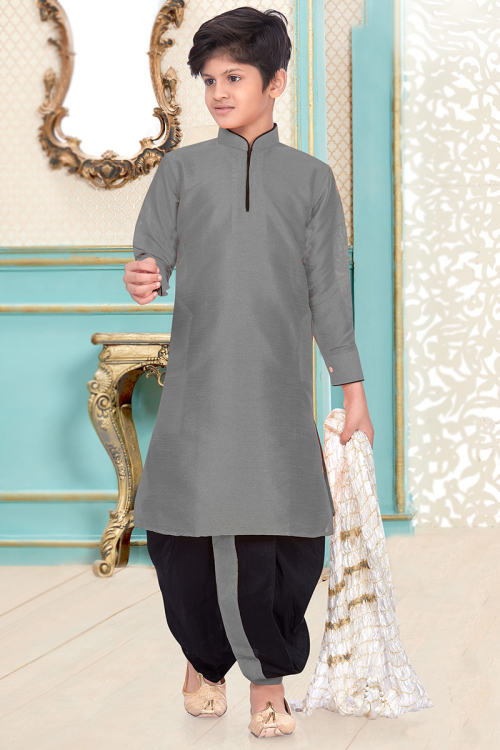 Plain Dupion Silk Light Grey kid's Kurta Pajama