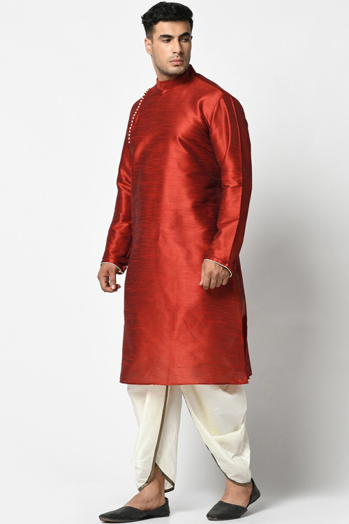 Plain Dupion Silk Maroon Men Kurta With Off White Dhoti