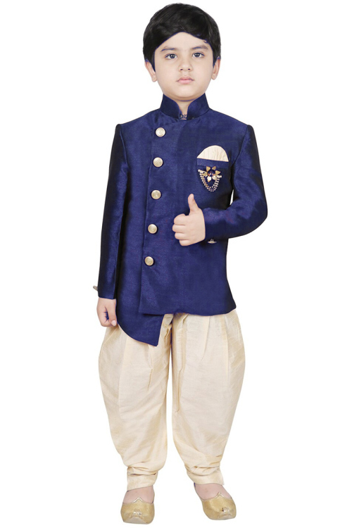 Traditional Men Sherwani in Dupion Silk Navy Blue for Wedding 